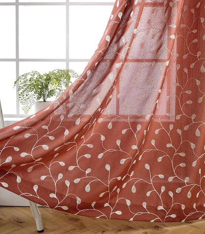 MIUCO Floral Embroidered Semi Sheer Curtains Faux Linen Extra Wide Grommet Window Panel Pair for Bedroom 52 x 95 Inch, Rust