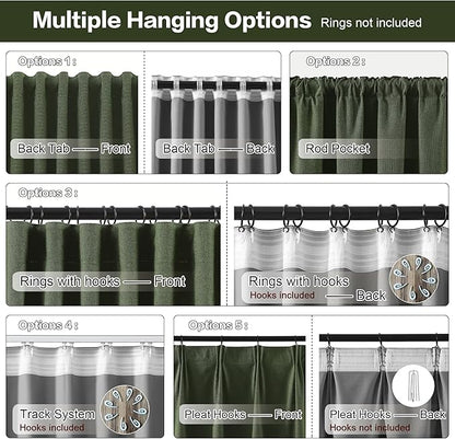 RAIN CITY 2 PCs Olive Green Linen Blackout Curtains 84 Inch Long for Living Room,Pinch Pleated Drape with Hooks Back Tab Boho Decor, Olive Forest Loden Full Black Out Curtains for Bedroom
