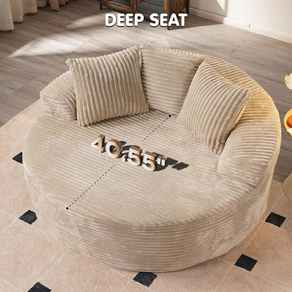 ovios 58" Oversized Round Chair Lounge Chaise Indoor, No Assembly Required, Cloud Large Circle Chair with Plush Fuax Fur, Fluffy Modern Sleeper Sofa Bed for Reading Yoga, Beige (Plush Corduroy Fabric)