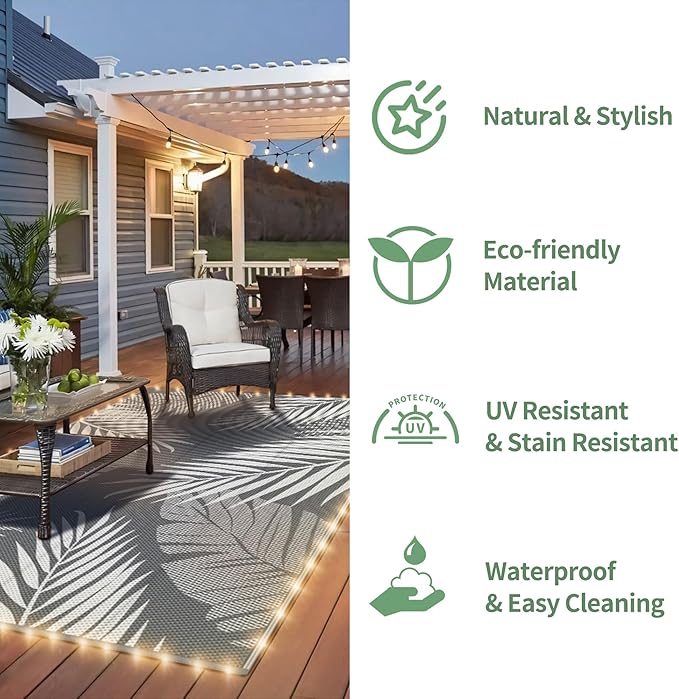 GENIMO Outdoor Rug 8' x 10' Waterproof for Patios Clearance, Reversible Outdoor Plastic Straw Camping Rug Carpet with LED String Light, Area Rugs Mats for RV, Camper, Deck, Balcony, Porch, Grey&White