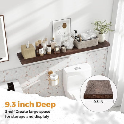 RICHFOCUS Live Edge Elm Floating Shelves - 48" W x 9.3" D Rustic Solid Wood Wall Shelves with Invisible Bracket, Wall-Mounted for Living Room, Bedroom, Kitchen Storage & Display, Set of 1, Walnut
