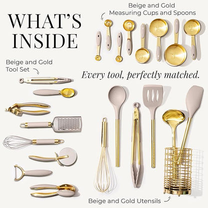 Styled Settings 23-Piece Beige and Gold Utensils Set – Silicone Nonstick Cooking Tools with Garlic Press, Can Opener, Measuring Cups, Utensil Holder – Luxury Kitchen Accessories for Modern Homes