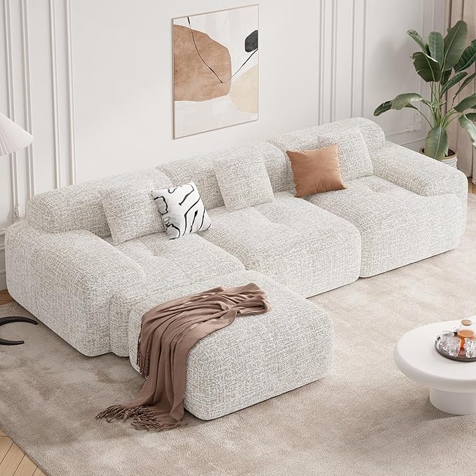 122" Modern L Shaped Modular Sectional Sofa, Boneless Couches for Living Room with Ottoman,4 Seater Convertible Chenille Cloud Couch Sofa Set, No Assembly Required, Beige 1 PCS