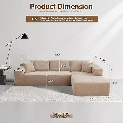 ovios 104" Cloud Sectional Couch with L-Shape Chaise,Modern Modular Sofa with Deep Seat, Upholstered Couches for Living Room Bedroom,No Assembly Required, Camel (Corduroy Fabric)