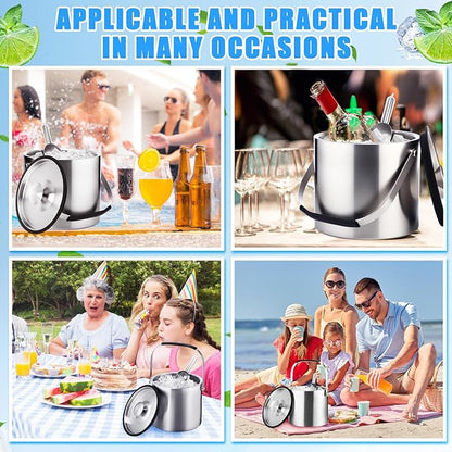 meekoo 3 L Double Wall Insulated Stainless Steel Ice Bucket with Lid, Scoop, Strainer, Handle Large Wine Ice Bucket Upgraded Cover Keep Frozen Longer for Cocktail Bar Parties(Silver)