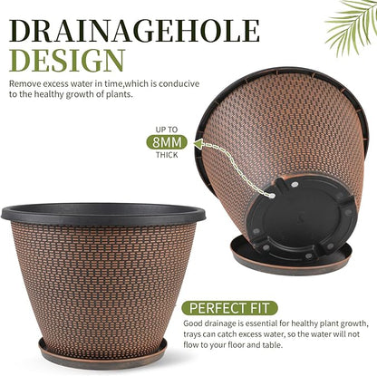16 inch Plant Pots, Large Planters for Outdoor Plants Set of 4, Round Plastic Flower Pots with Drainage Holes & Trays, Modern Decorative Indoor Garden Pot, Plant Container for House (Black Copper)