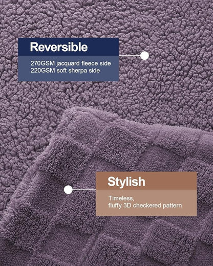 Pawque Super Soft Cozy Throw Blanket for Couch Sofa Bed - Fluffy Sherpa Fleece Reversible Thick Warm Fuzzy Blanket for All-Season, 3D Checkered Jacquard Elegant Decorative Blankets, Purple, 50" x 60"