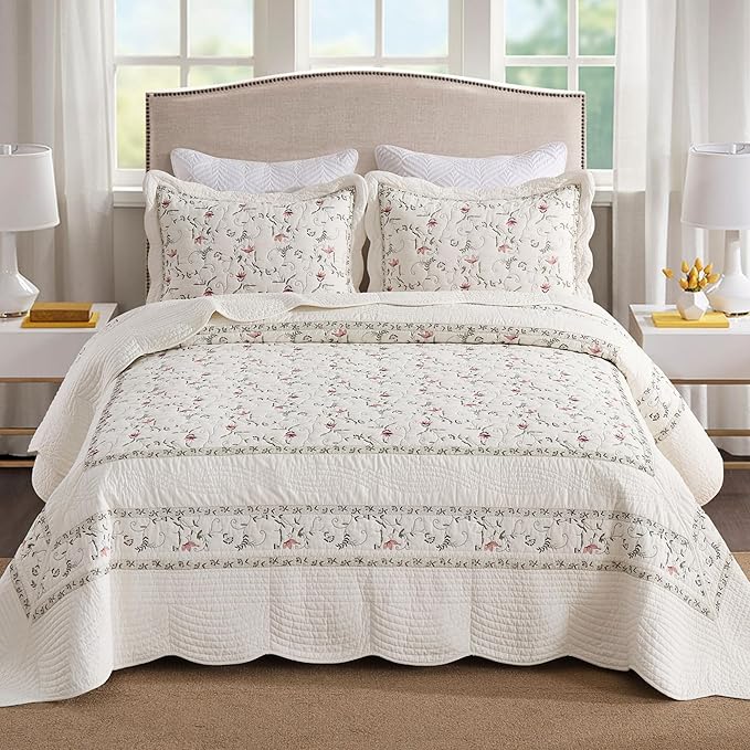 MarCielo 3-Piece 100% Cotton Oversized Bedspread Lightweight Quilt Coverlet Embroidery Farmhouse Bedding Set (TC Soft White,Oversized Queen (100"x106"))