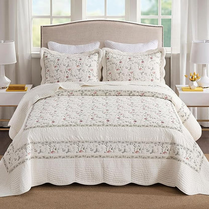 MarCielo 3-Piece 100% Cotton Oversized Bedspread Lightweight Quilt Coverlet Embroidery Farmhouse Bedding Set (TC Soft White,Oversized Queen (100"x106"))