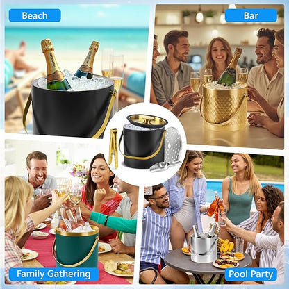 Ice Bucket, Ice Bucket with Silicone Sealing Ring Double-Wall Vacuum Insulation Champagne Buckets with Filter Layer Ice Tongs Ice Scoop (Silver, 4 L)