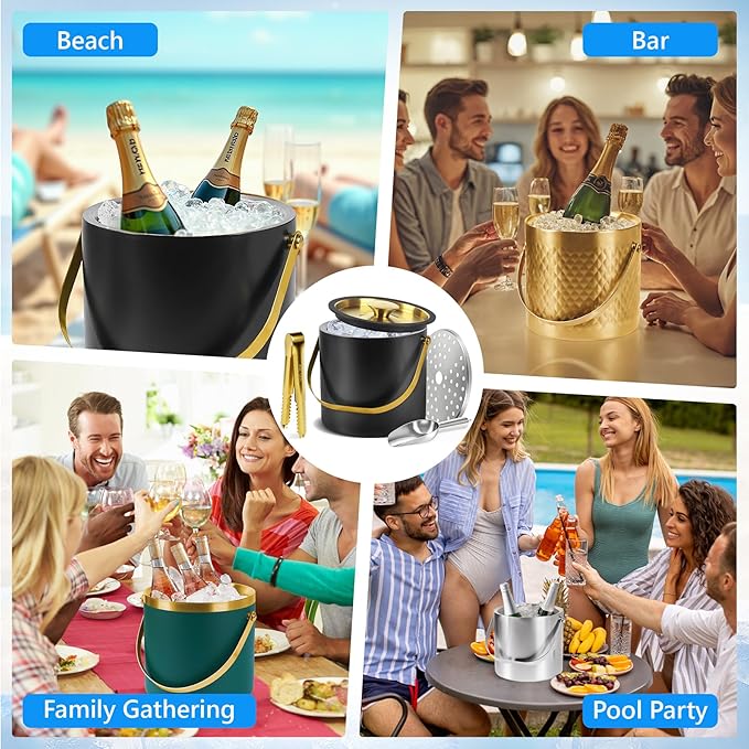 Ice Bucket, Ice Bucket with Silicone Sealing Ring Double-Wall Vacuum Insulation Champagne Buckets with Filter Layer Ice Tongs Ice Scoop (Black-Silver, 3 L)