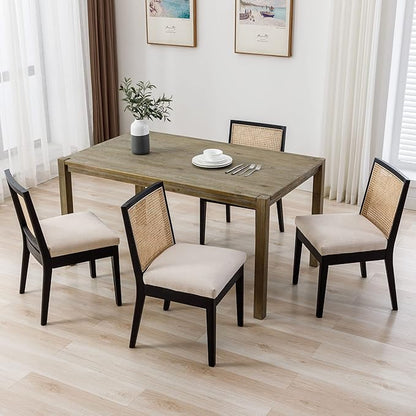 VESCASA Upholstered Dining Chairs with Square Wooden Rattan Back, Armless Padded Linen Cushion Dining Chairs with Wood Legs for Dining Room, Kitchen, Set of 4, Black Frame