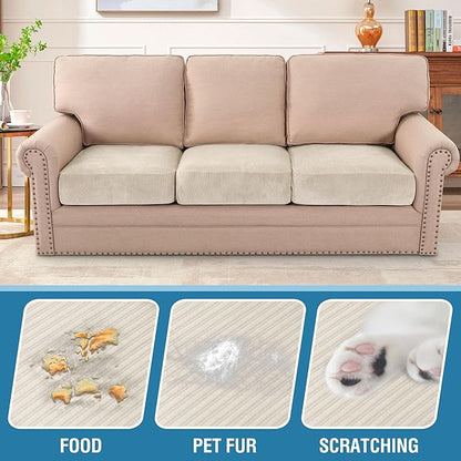 H.VERSAILTEX Velvet Stretch Couch Cushion Cover Plush Cushion Slipcover for Chair Loveseat Sofa Cushion Furniture Protector Seat Cushion Sofa Cover (3 Piece Sofa Cushion Covers, Ivory Striped)