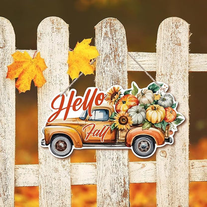 Hello Fall Wood Hanging Truck Decoration, Autumn Wooden Signs, Rustic Thanksgiving Decoration, Home Interior And Exterior Decor, Autumn Harvest Thanksgiving Home Decor