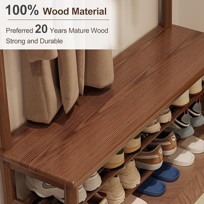 Coat Rack with Shoe Storage, Wooden Hall Tree with Bench, 11 Hooks and 2-Tier Storage Shelves, 3-in-1, Entryway Bench with Coat Rack (39.3"-Walnut)