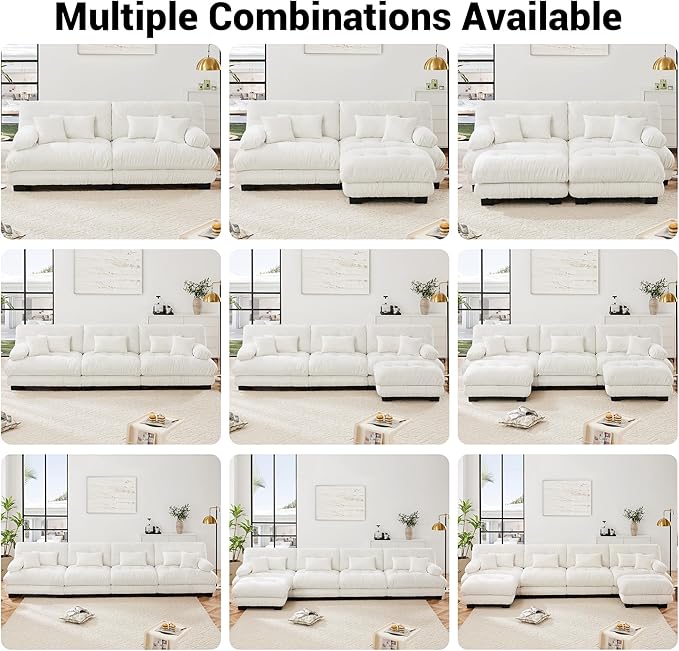 Modular Sectional Sofa Cloud Couch 4-Seater Deep Seat Sofa Couch, Oversized Couch Bed Sectional Couch with Round Bolster Armrests 6 Pillows, Modern Sofa Chair Comfy Couch(White)