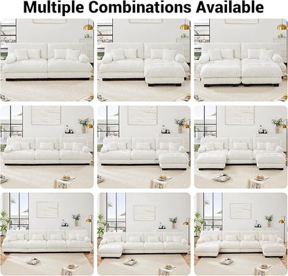 Loveseat Modular Sectional Sofa, L Shaped Couch with Ottoman, Cloud Couch Sectional Couch Home Sofa Living Room Oversized Couch Deep Seat Couch with Round Bolster Armrests 4 Pillows(White)
