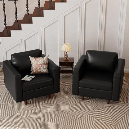 Faux Leather Oversized Accent Chair with Storage Deep Seat Single Sofa Large Reading Armchair for Living Room Bedroom Office Black Set of 2