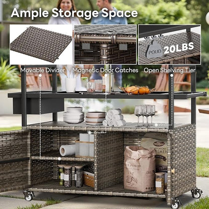 Outdoor Bar Cart with Storage Cabinet, Patio Bar Table with Tempered Glass Tabletop, Outdoor Serving Grill Cart with Rolling Wheels, Rattan Bar Cart for Patio, Backyard, Grey Wicker
