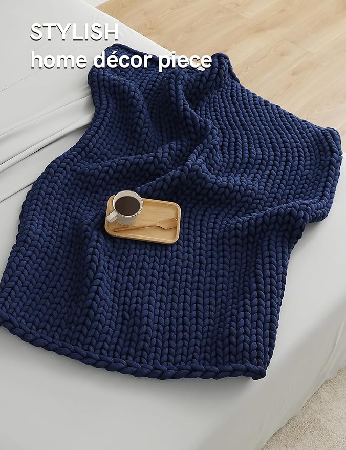 YnM Chunky Throw Blanket, Medium-Weight, Hand Knitted, Skin Friendly, Ventilated and Breathable, Machine Washable, Home Décor Piece for Couch, Sofa and Bed (Indigo Blue, 50x70 Inch)
