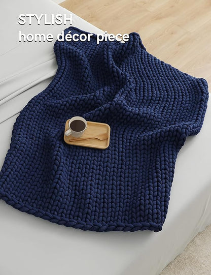 YnM Chunky Throw Blanket, Medium-Weight, Hand Knitted, Skin Friendly, Ventilated and Breathable, Machine Washable, Home Décor Piece for Couch, Sofa and Bed (Indigo Blue, 50x70 Inch)