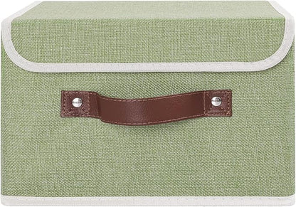 ANMINY Storage Bin with Lid Storage Boxes with PU Leather Handles PP Plastic Board Decorative Foldable Lidded Cotton Linen Fabric Home Cubes Baskets Closet Organizer Container - Green, Small Size