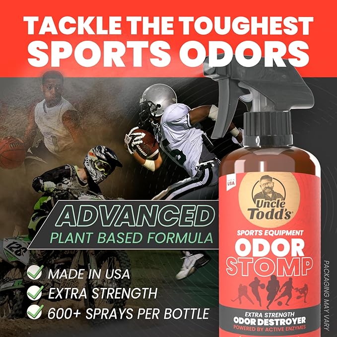 Uncle Todd’s Odor Stomp Sports Equipment Odor Eliminator Spray - Extra Strength Enzyme-Powered Deodorizer for Football, Hockey, Gym Bags, and Athletic Gear - Bamboo Blitz Scent - 16 oz