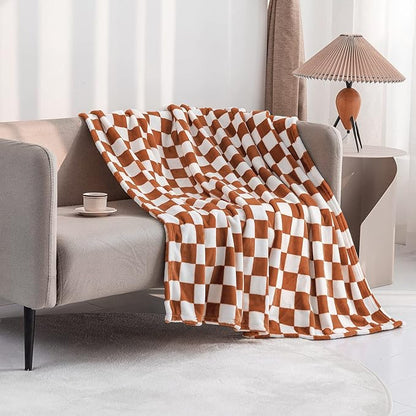 LOMAO Throw Blankets Flannel Blanket with Checkerboard Grid Pattern Soft Throw Blanket for Couch, Bed, Sofa Luxurious Warm and Cozy for All Seasons (Maple Brown, 90"x110")