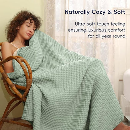PHF Ultra Soft Waffle Weave Blanket King Size 104"x 90"- Washed Lightweight Breathable Cozy Woven Blanket for Bed - Aesthetic Decor for Couch Bedding Sofa Home Car - Sage Green/Mint Green