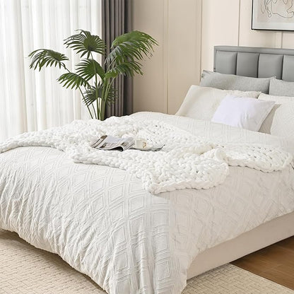 Esterra Chunky Knit Blanket Throw, 100% Handmade Chenille Throw Blanket 40"x50", Soft Thick Yarn Cable Knit Crochet Throw Blanket Rope Knot Throw for Couch Bed Sofa, Bright White