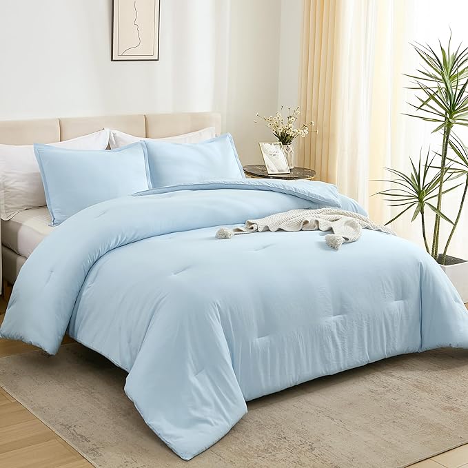 Litanika Comforters Light Blue King Size, 3 Pieces Lightweight Solid Bedding Comforter Set, All Season Fluffy Bed Set (104x90In Comforter & 2 Pillowcases)