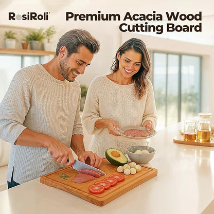 Acacia Wood Cutting Board for Kitchen, 3 Set with Holder - FSC Certified Large Wood Charcuterie Cheese Board with Handles and Juice Grooves, Wooden Chopping Block, Ideal Gift Set of 3 (S/M/L)