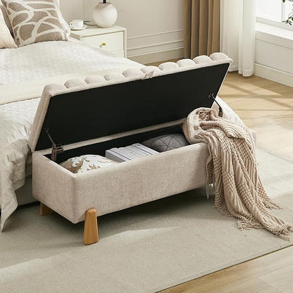 Storage Bench Ottoman 48.6 Inch with Safty Lift Top Lid, Tufted Solid Wood Tapered Legs Footstool for Bedroom, Living Room & Entryway Light Brown