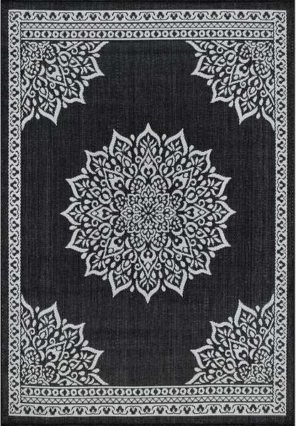 CAMILSON Outdoor Rug, 6x9 Medallion Black White Modern Area Rugs for Indoor and Outdoor Patios, Kitchen and Hallway Mats, Washable Porch Deck Outside Carpet (Medallion Black, 6 x 9)
