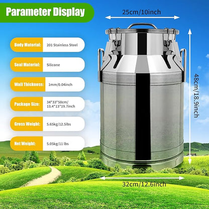 Stainless Steel Milk Can, 30L/7.9 Gallon Heavy Duty Airtight Storage Canister Milk Bucket with Lid, Embedded Silicone Milk Jug Wine Pail Water Cereals Bucket with Three Latches and Two Handles