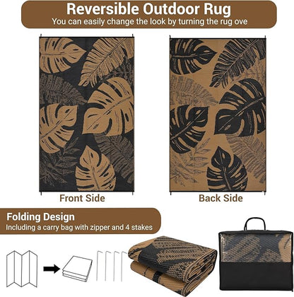 GAOMON Outdoor Patio Rug 9x18 Waterproof Outdoor Plastic Straw Rug Reversible Camping Mat, Foldable Portable RV Picnic Carpet with Bag & 4 Stakes, UV Resistant Outside Carpet for Deck Balcony, Brown