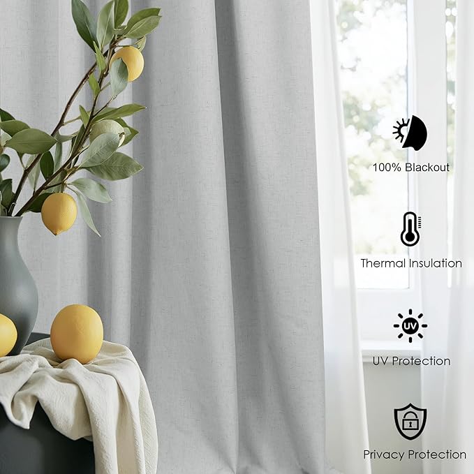 Total Blackout Curtains Full Shade 84 Inches Long Light Grey Gray Black Out Thick Linen Drapes for Living Room Thermal Insulated Bedroom Heavy Duty White Backing Back Tab Pleated 52x84 Length 2 Panel