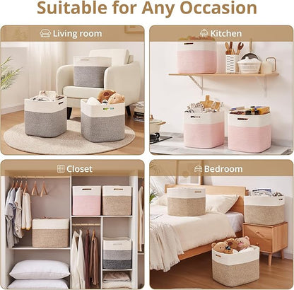 OIAHOMY 13 Kallax Inch Cube Storage Bins, 3-Pack Cotton Rope Woven Baskets for Organizing, Kallax Insert Storage Baskets for Shelves, Baby Nursery, Closet Organizer, 15*13*12.6IN, Grey & White