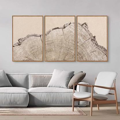 SIGNINART Large Tree Ring Framed Canvas Wall Art Set, Rustic Beige Wooden Wall Decor, Neutral Nature Wood Stump Artwork, Modern Art Prints for Bedroom Living Room Office 24"x36"x3