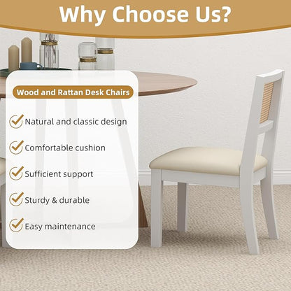 Westice Rattan Dining Chairs Set of 4, Farmhouse Natural Dining Room Chairs with Upholstered Cushion, Wood Armless Chairs for Kitchen/Restaurant, White