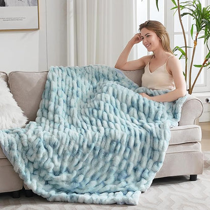 Ultra Soft Luxury Faux Fur Throw Blanket for Counch,Fuzzy Fluffy Plush Warm Cozy Elegant Wrinkled Blanket for Sofa Bedroom Living Room,（50"x60",Tie-dye Freshwater Blue）