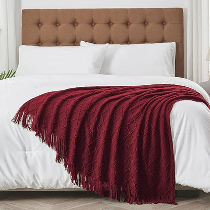 inhand Knitted Throw Blankets for Couch and Bed, Soft Cozy Knit Blanket with Tassel, Claret Lightweight Decorative Blankets and Throws, Farmhouse Warm Woven Blanket for Men and Women, 50"x60"
