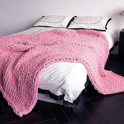 Chunky Knit Blanket - Luxury Soft Cozy 60 * 80 Throw Blanket,100% Woven Blanket Rope Knot Throw Blanket for Couch, Sofa, Home Decor, Gift - Machine Washable(Pink)