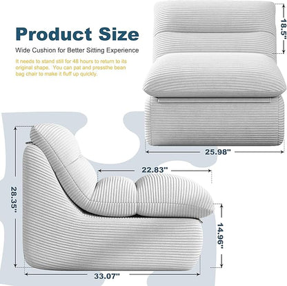 Misolant Bean Bag Chairs，Big Corduroy Fabric Sofa Bean Bag Chair for Adults and Teens with High-Resilience Sponge, Non-Slip Base Floor Lounge Sofa for Home, Living Room, Bedroom, Gaming Light Gray