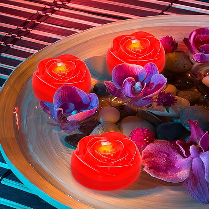 Aignis 12pcs Flameless LED Floating Candles, Red Rose Plastic Tealights Battery Operated, 120+ Hours Glow Time, Cozy Light for Romantic Pool/Bathtub/Hot Bath/Wedding Centerpiece Decor(D2.83 * H1.42)
