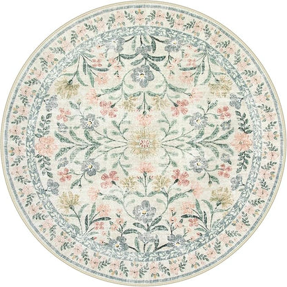 Wonnitar Floral Round Rugs 6ft, Boho Large Machine Washable Circle Rug, Low Pile Soft Flower Botanical Print Beige Round Carpet for Living Room Bedroom Dorm Sunroom