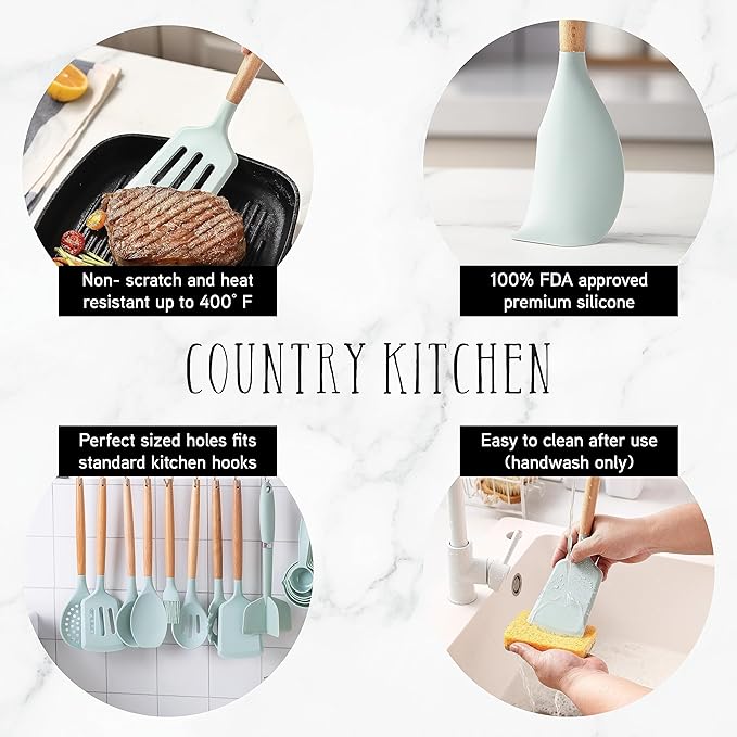Country Kitchen Non Stick Silicone Utensil Set with Rounded Wood Handles for Cooking and Baking, 38 Piece Set, Mint