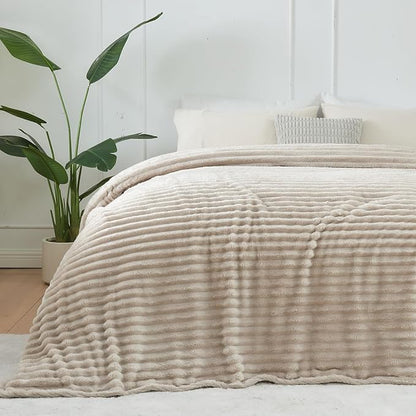 NEWCOSPLAY Super Soft Throw Blanket Linen Premium Silky Flannel Fleece 3D Ribbed Jacquard Lightweight Bed Blanket All Season Use (Linen Ribbed, Throw(50"x60"))