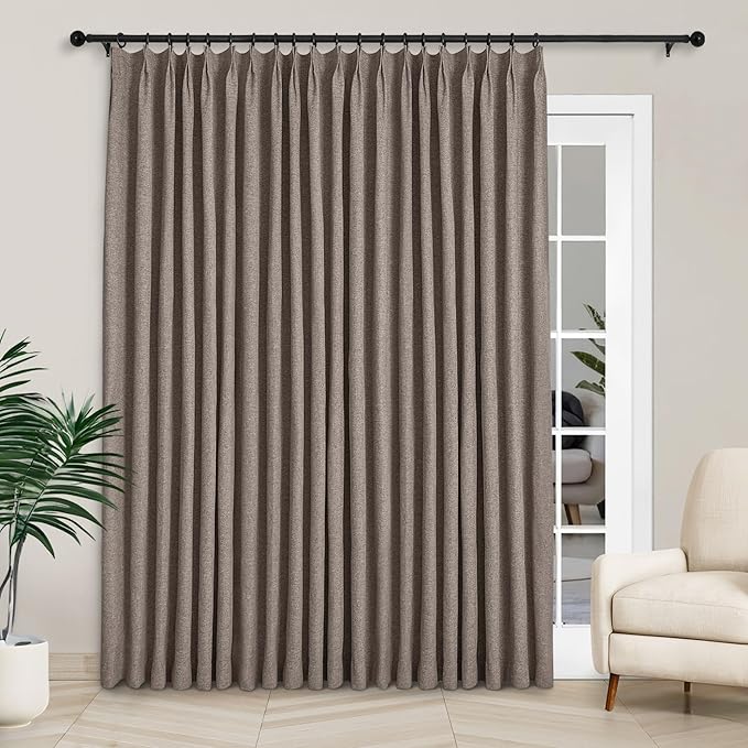 Macochico 100”Wx102”L 100% Blackout Pinch Pleated Linen Curtains for Sliding Door Bedroom Living Room Farmhouse Thermal Insulated Light Coffee Burlap Drapes with Tieback 1 Panel Shabby Chic Style