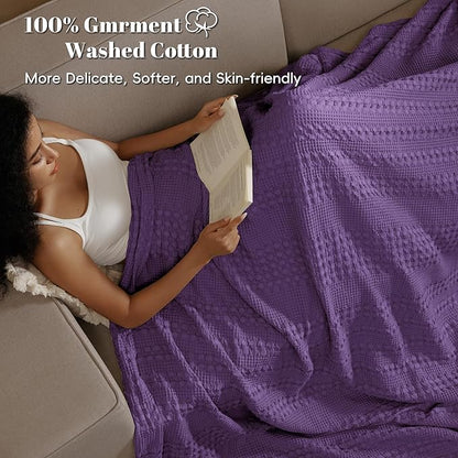 PHF 100% Cotton Waffle Weave Blanket Queen Size, Soft Lightweight Breathable Cozy Summer Blankets for Bed, Luxury Aesthetic Woven Bedding for Home Decor, 90"x90", Grape Purple